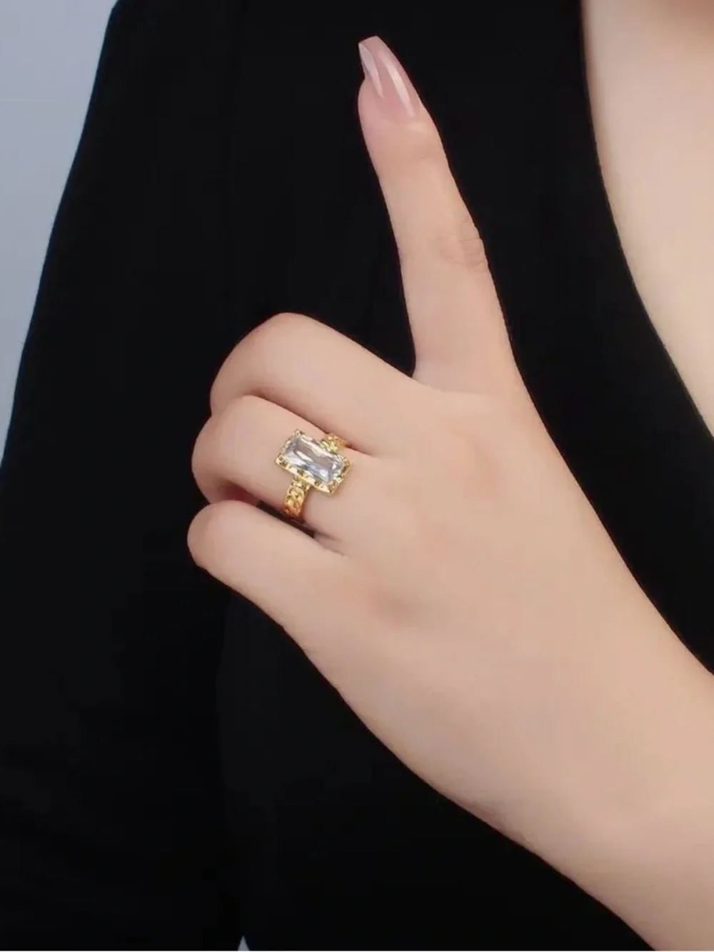 24K Gold Filled Clear Cz Baguette
Hammered Wrap Band Ring - Picture 2 of 5
